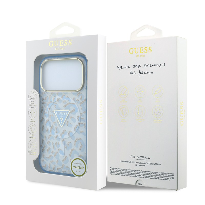 Apple iPhone 18 Pro Case Guess Original Licensed M-safe Charging Enabled Triangle Logo Glitter Leopard Pattern Cover - 32