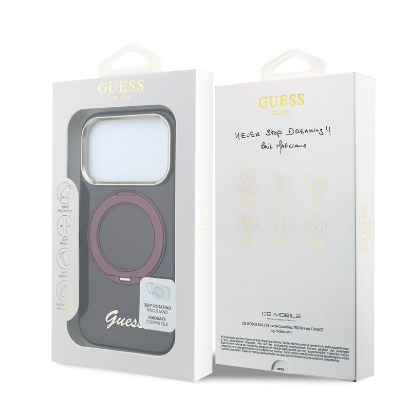 Apple iPhone 18 Pro Case Guess Original Licensed M-safe Charging Feature 360-Degree Rotating Stand Metal Logo Silicone Case - 8