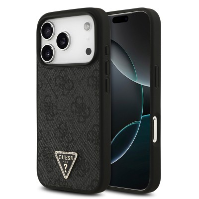 Apple iPhone 18 Pro Case Guess Original Licensed M-safe Charging Feature PU Leather Rhinestone Triangle Logo 4G Patterned Strass Cover - 1