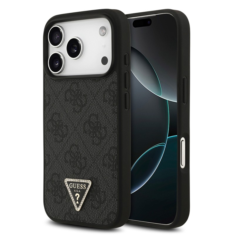 Apple iPhone 18 Pro Case Guess Original Licensed M-safe Charging Feature PU Leather Rhinestone Triangle Logo 4G Patterned Strass Cover - 1