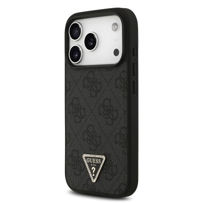 Apple iPhone 18 Pro Case Guess Original Licensed M-safe Charging Feature PU Leather Rhinestone Triangle Logo 4G Patterned Strass Cover - 4