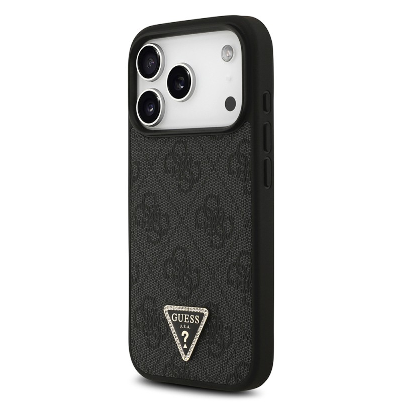 Apple iPhone 18 Pro Case Guess Original Licensed M-safe Charging Feature PU Leather Rhinestone Triangle Logo 4G Patterned Strass Cover - 4