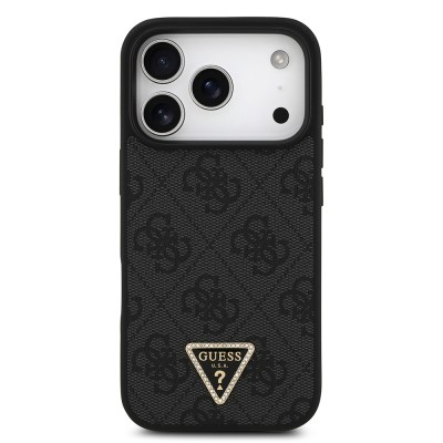 Apple iPhone 18 Pro Case Guess Original Licensed M-safe Charging Feature PU Leather Rhinestone Triangle Logo 4G Patterned Strass Cover - 5