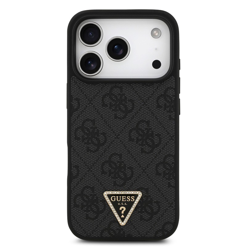 Apple iPhone 18 Pro Case Guess Original Licensed M-safe Charging Feature PU Leather Rhinestone Triangle Logo 4G Patterned Strass Cover - 5