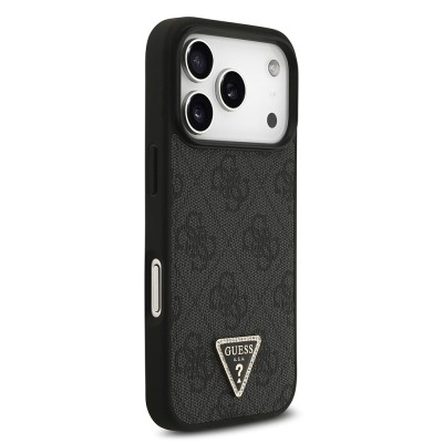Apple iPhone 18 Pro Case Guess Original Licensed M-safe Charging Feature PU Leather Rhinestone Triangle Logo 4G Patterned Strass Cover - 6