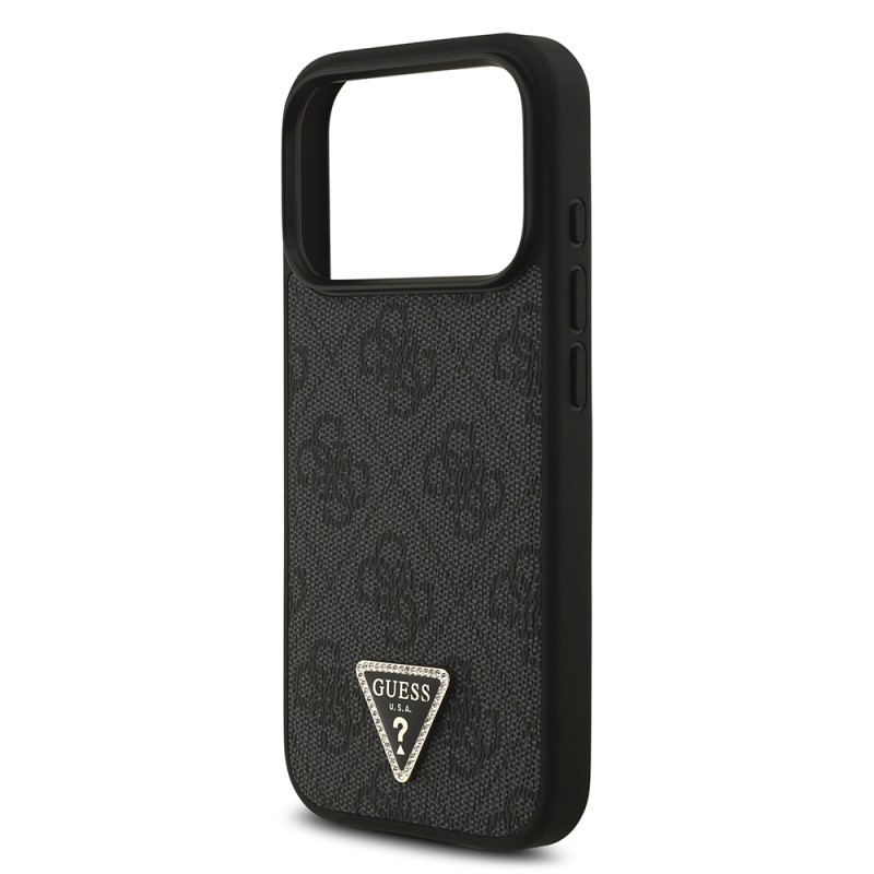 Apple iPhone 18 Pro Case Guess Original Licensed M-safe Charging Feature PU Leather Rhinestone Triangle Logo 4G Patterned Strass Cover - 8
