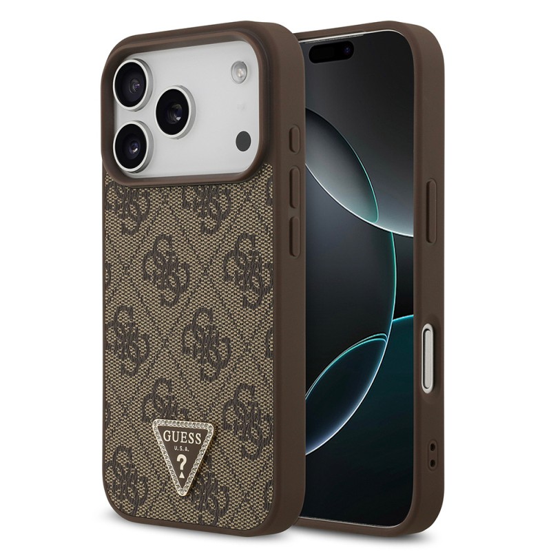 Apple iPhone 18 Pro Case Guess Original Licensed M-safe Charging Feature PU Leather Rhinestone Triangle Logo 4G Patterned Strass Cover - 2