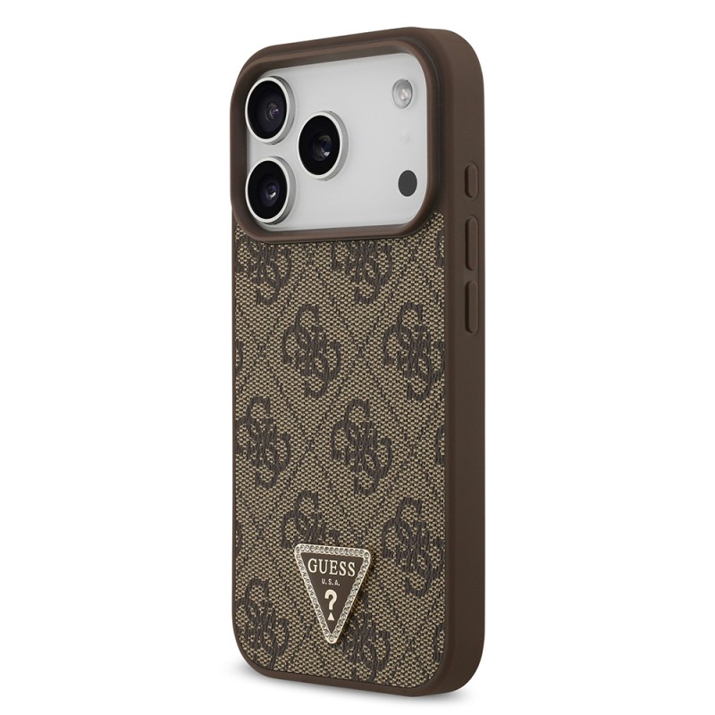 Apple iPhone 18 Pro Case Guess Original Licensed M-safe Charging Feature PU Leather Rhinestone Triangle Logo 4G Patterned Strass Cover - 11