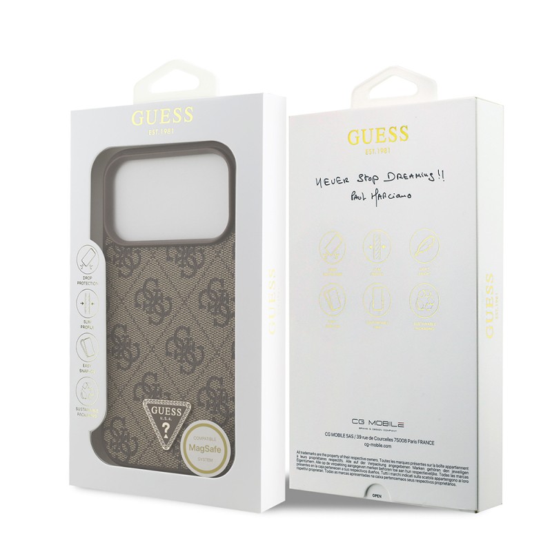 Apple iPhone 18 Pro Case Guess Original Licensed M-safe Charging Feature PU Leather Rhinestone Triangle Logo 4G Patterned Strass Cover - 17