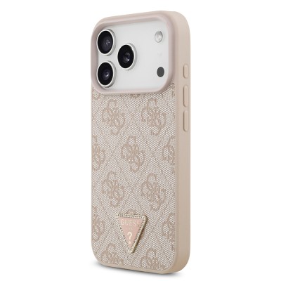 Apple iPhone 18 Pro Case Guess Original Licensed M-safe Charging Feature PU Leather Rhinestone Triangle Logo 4G Patterned Strass Cover - 18