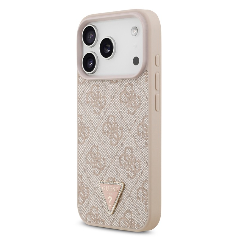 Apple iPhone 18 Pro Case Guess Original Licensed M-safe Charging Feature PU Leather Rhinestone Triangle Logo 4G Patterned Strass Cover - 18