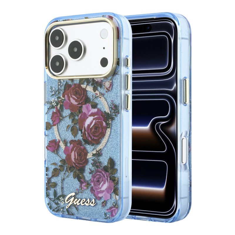 Apple iPhone 18 Pro Case Guess Original Licensed M-safe Charging Feature Rose Pattern Glittery Text and Logo Cover - 1