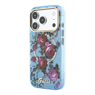 Apple iPhone 18 Pro Case Guess Original Licensed M-safe Charging Feature Rose Pattern Glittery Text and Logo Cover - 5