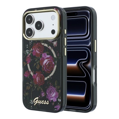 Apple iPhone 18 Pro Case Guess Original Licensed M-safe Charging Feature Rose Pattern Glittery Text and Logo Cover - 2