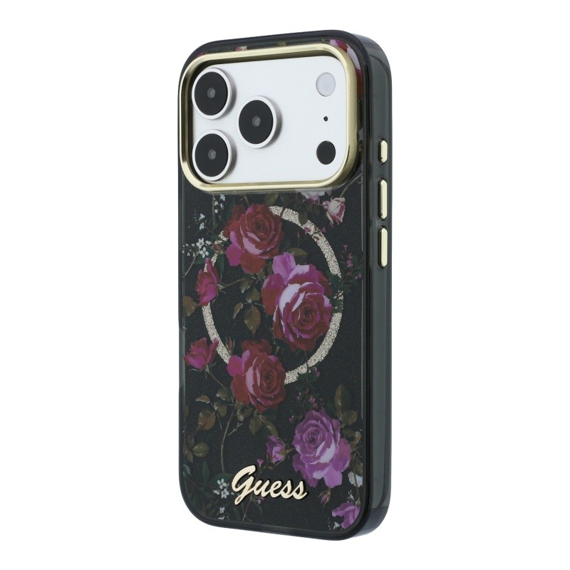 Apple iPhone 18 Pro Case Guess Original Licensed M-safe Charging Feature Rose Pattern Glittery Text and Logo Cover - 12
