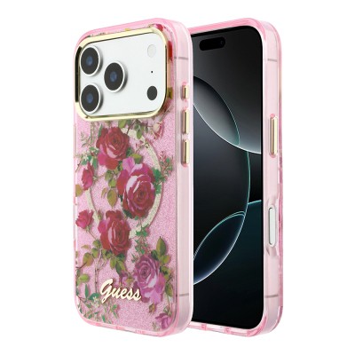 Apple iPhone 18 Pro Case Guess Original Licensed M-safe Charging Feature Rose Pattern Glittery Text and Logo Cover - 3
