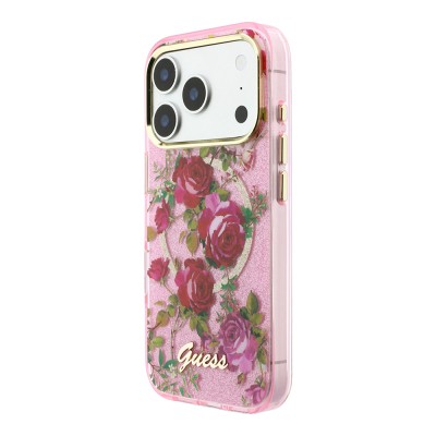 Apple iPhone 18 Pro Case Guess Original Licensed M-safe Charging Feature Rose Pattern Glittery Text and Logo Cover - 19