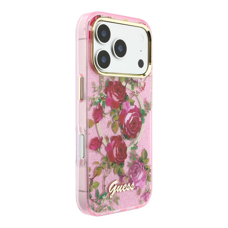 Apple iPhone 18 Pro Case Guess Original Licensed M-safe Charging Feature Rose Pattern Glittery Text and Logo Cover - 21