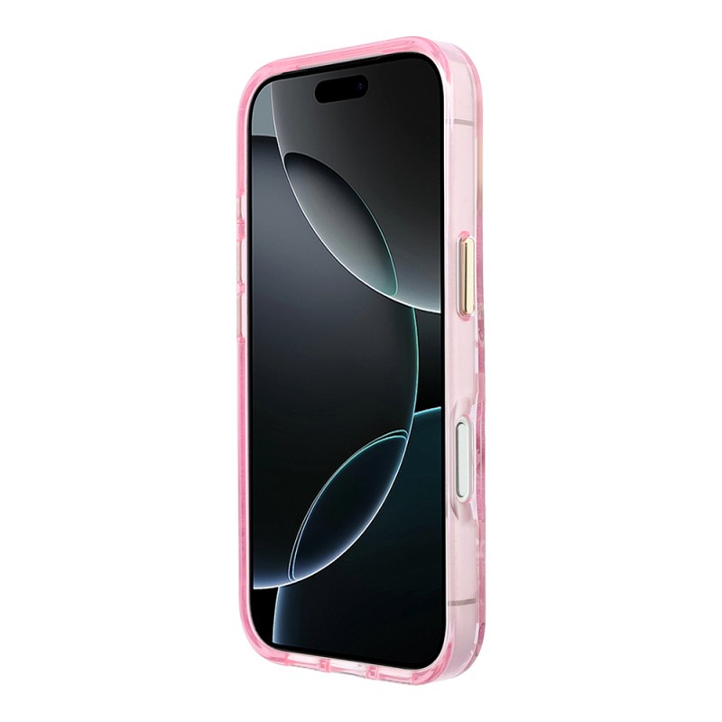 Apple iPhone 18 Pro Case Guess Original Licensed M-safe Charging Feature Rose Pattern Glittery Text and Logo Cover - 22