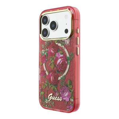 Apple iPhone 18 Pro Case Guess Original Licensed M-safe Charging Feature Rose Pattern Glittery Text and Logo Cover - 26