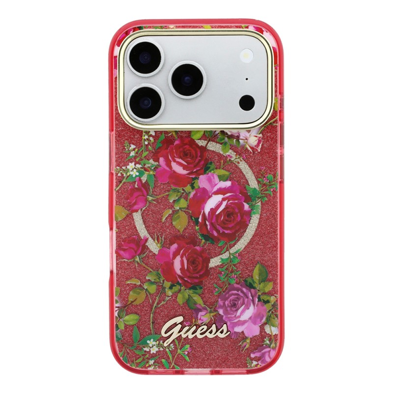 Apple iPhone 18 Pro Case Guess Original Licensed M-safe Charging Feature Rose Pattern Glittery Text and Logo Cover - 27