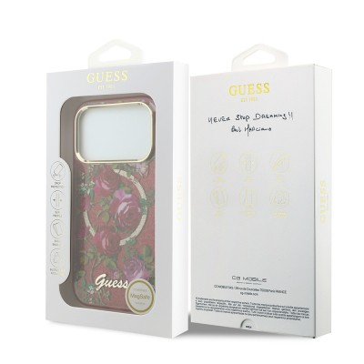 Apple iPhone 18 Pro Case Guess Original Licensed M-safe Charging Feature Rose Pattern Glittery Text and Logo Cover - 32