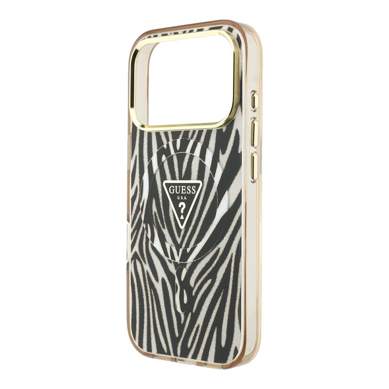 Apple iPhone 18 Pro Case Guess Original Licensed M-safe Charging Feature Zebra Pattern Triangle Logo Silicone Cover - 7