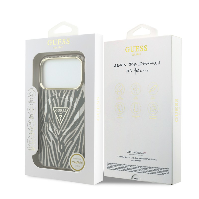Apple iPhone 18 Pro Case Guess Original Licensed M-safe Charging Feature Zebra Pattern Triangle Logo Silicone Cover - 9