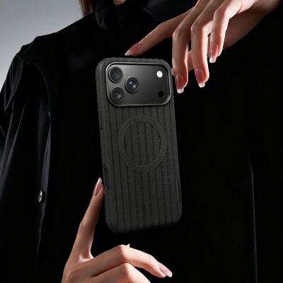Apple iPhone 18 Pro Case M-Safe Charging Feature Striped Fabric Texture Zore Paris Lorin Cover - 61