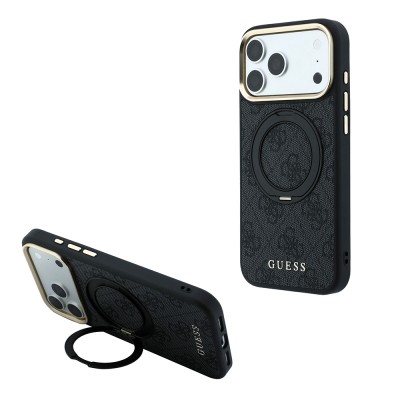 Apple iPhone 18 Pro Case Original Licensed Guess M-safe Charging Feature 4G Pattern 360 Degree Rotating Stand Metal Logo Cover - 4