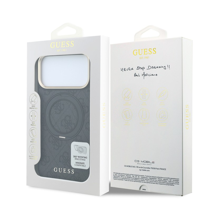 Apple iPhone 18 Pro Case Original Licensed Guess M-safe Charging Feature 4G Pattern 360 Degree Rotating Stand Metal Logo Cover - 16