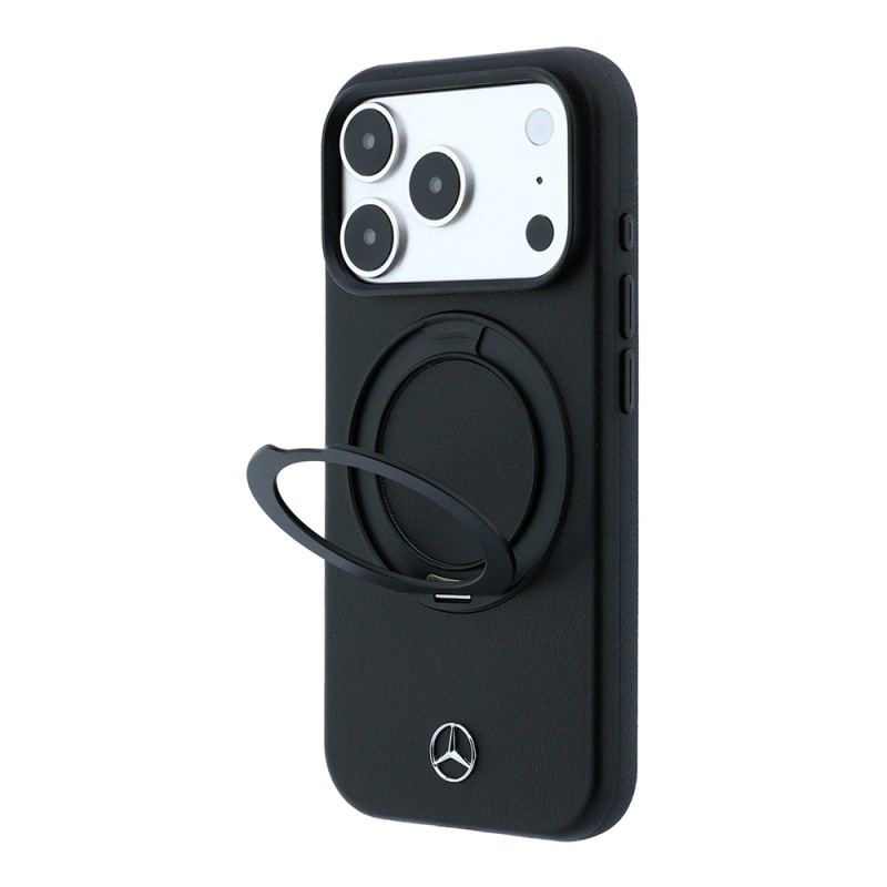 Apple iPhone 18 Pro Case Original Licensed Mercedes-Benz M-Safe Charging Feature Metal Logo 360 Degree Rotating Stand PU Cover - 1