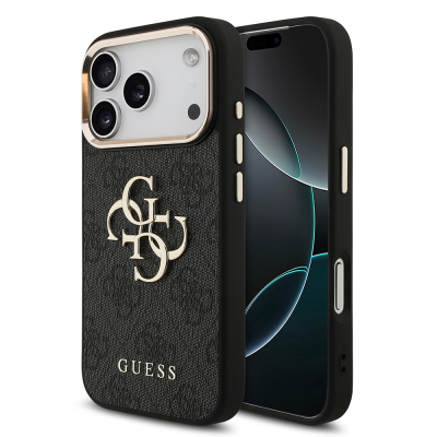 Apple iPhone 18 Pro Kılıf Guess Orjinal Lisanslı Gold Metal Kamera Çerçeveli 4G Desenli Metal Büyük 4G ve Yazı Logolu Kapak - Guess