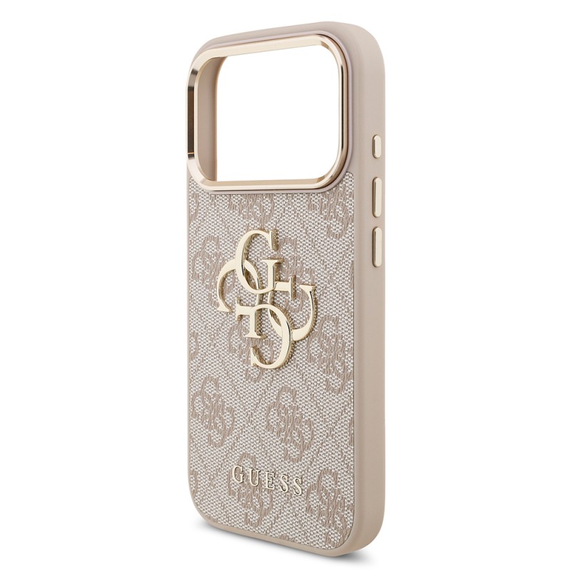 Apple iPhone 18 Pro Kılıf Guess Orjinal Lisanslı Gold Metal Kamera Çerçeveli 4G Desenli Metal Büyük 4G ve Yazı Logolu Kapak - 18