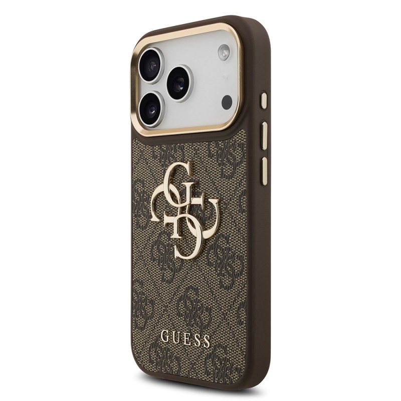 Apple iPhone 18 Pro Kılıf Guess Orjinal Lisanslı Gold Metal Kamera Çerçeveli 4G Desenli Metal Büyük 4G ve Yazı Logolu Kapak - 21