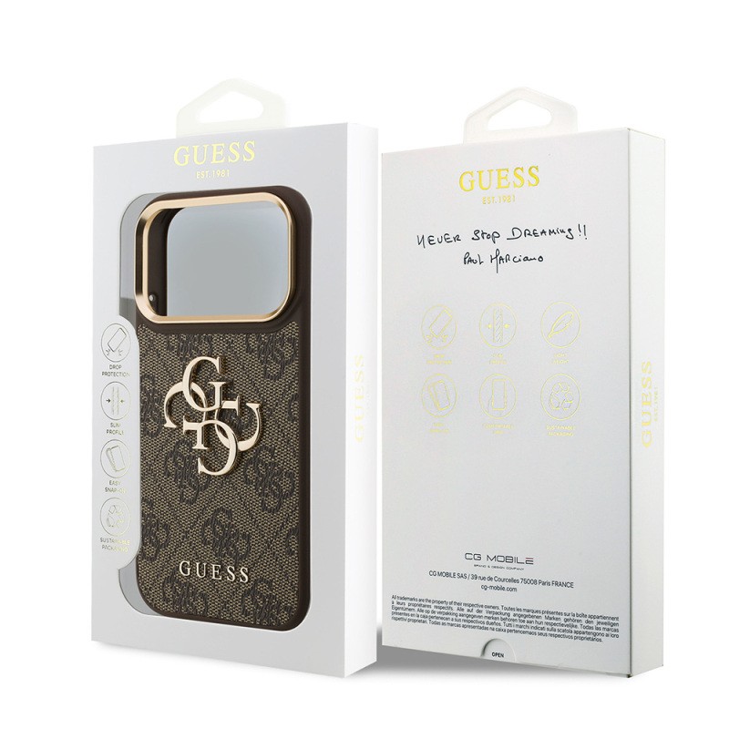 Apple iPhone 18 Pro Kılıf Guess Orjinal Lisanslı Gold Metal Kamera Çerçeveli 4G Desenli Metal Büyük 4G ve Yazı Logolu Kapak - 26
