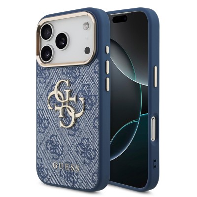 Apple iPhone 18 Pro Kılıf Guess Orjinal Lisanslı Gold Metal Kamera Çerçeveli 4G Desenli Metal Büyük 4G ve Yazı Logolu Kapak Mavi