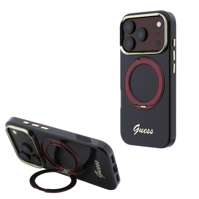 Apple iPhone 18 Pro Kılıf Guess Orjinal Lisanslı M-safe Şarj Özellikli 360 Derece Dönebilen Standlı Metal Yazı Logolu Silikon Kapak - Guess