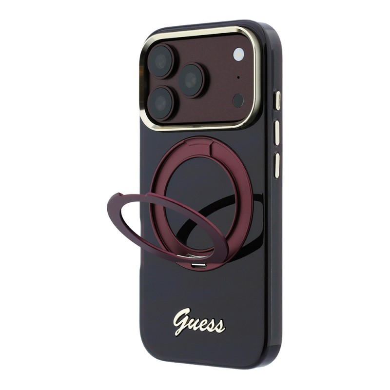 Apple iPhone 18 Pro Kılıf Guess Orjinal Lisanslı M-safe Şarj Özellikli 360 Derece Dönebilen Standlı Metal Yazı Logolu Silikon Kapak - 2