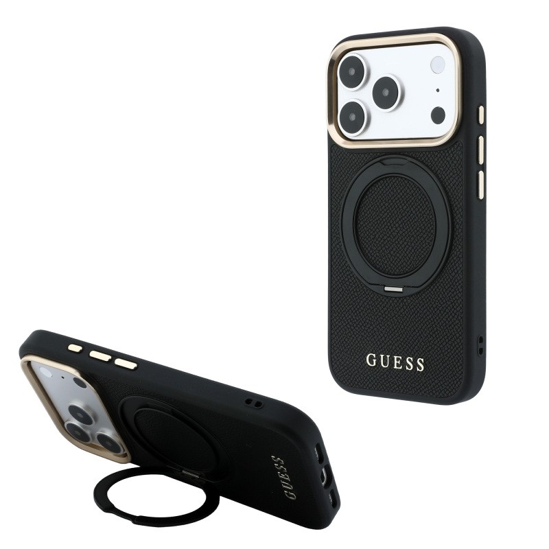 Apple iPhone 18 Pro Kılıf Guess Orjinal Lisanslı M-safe Şarj Özellikli 360 Derece Dönebilen Standlı PU Metal Yazı Logolu Kapak - 2