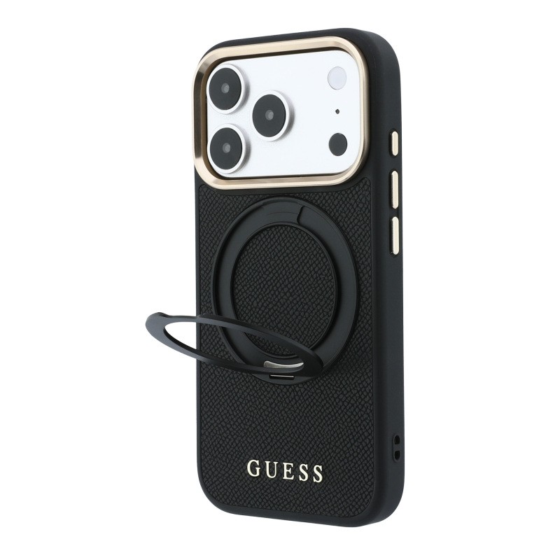Apple iPhone 18 Pro Kılıf Guess Orjinal Lisanslı M-safe Şarj Özellikli 360 Derece Dönebilen Standlı PU Metal Yazı Logolu Kapak - 1