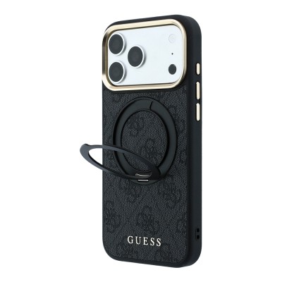 Apple iPhone 18 Pro Kılıf Guess Orjinal Lisanslı M-safe Şarj Özellikli 4G Desenli 360 Derece Dönebilen Standlı Metal Yazı Logolu Kapak