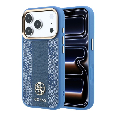 Apple iPhone 18 Pro Kılıf Guess Orjinal Lisanslı M-safe Şarj Özellikli Deri 4G Desenli Şeritli Yazı Logolu Kapak - Guess