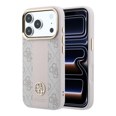 Apple iPhone 18 Pro Kılıf Guess Orjinal Lisanslı M-safe Şarj Özellikli Deri 4G Desenli Şeritli Yazı Logolu Kapak - 4