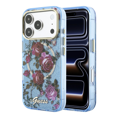 Apple iPhone 18 Pro Kılıf Guess Orjinal Lisanslı M-safe Şarj Özellikli Gül Desenli Simli Yazı Logolu Kapak - Guess