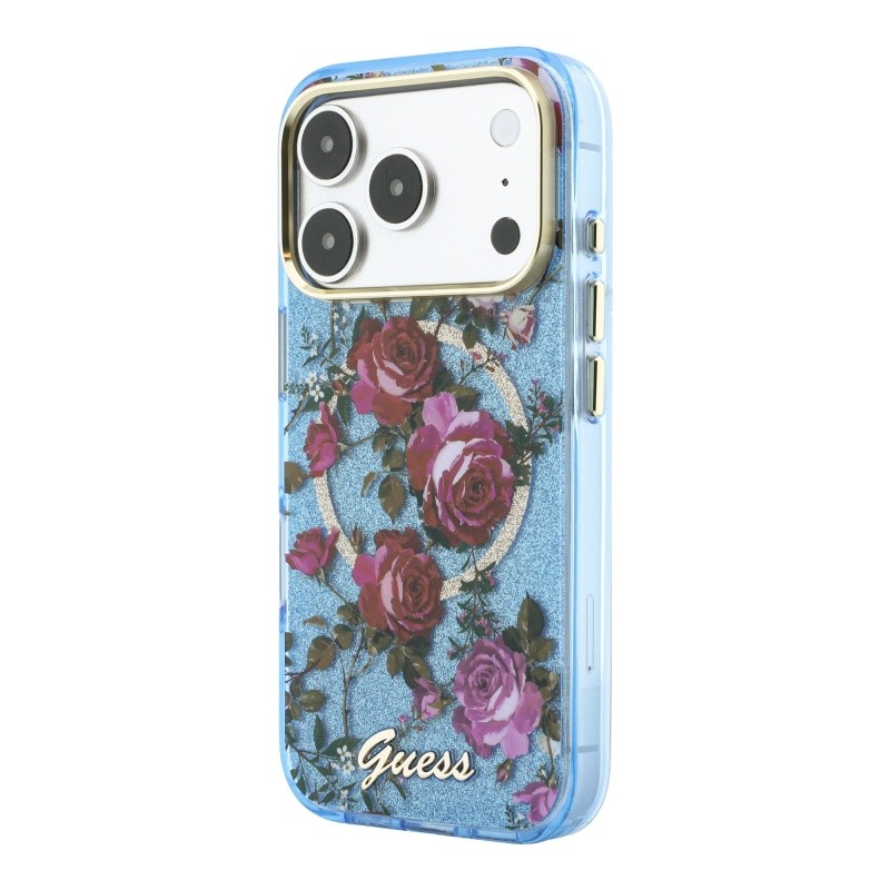 Apple iPhone 18 Pro Kılıf Guess Orjinal Lisanslı M-safe Şarj Özellikli Gül Desenli Simli Yazı Logolu Kapak - 5