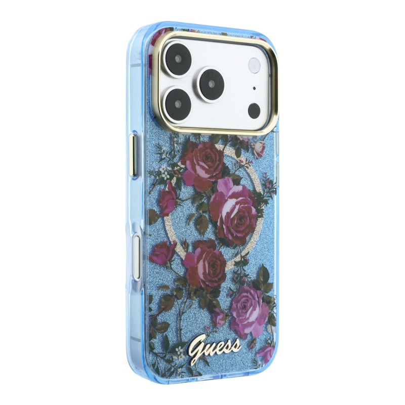 Apple iPhone 18 Pro Kılıf Guess Orjinal Lisanslı M-safe Şarj Özellikli Gül Desenli Simli Yazı Logolu Kapak - 7