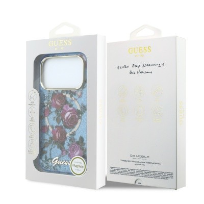 Apple iPhone 18 Pro Kılıf Guess Orjinal Lisanslı M-safe Şarj Özellikli Gül Desenli Simli Yazı Logolu Kapak - 11