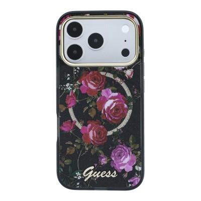 Apple iPhone 18 Pro Kılıf Guess Orjinal Lisanslı M-safe Şarj Özellikli Gül Desenli Simli Yazı Logolu Kapak - 13