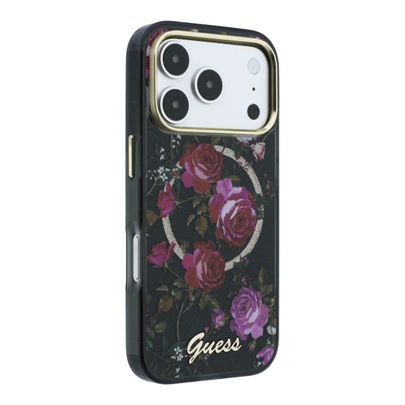 Apple iPhone 18 Pro Kılıf Guess Orjinal Lisanslı M-safe Şarj Özellikli Gül Desenli Simli Yazı Logolu Kapak - 14